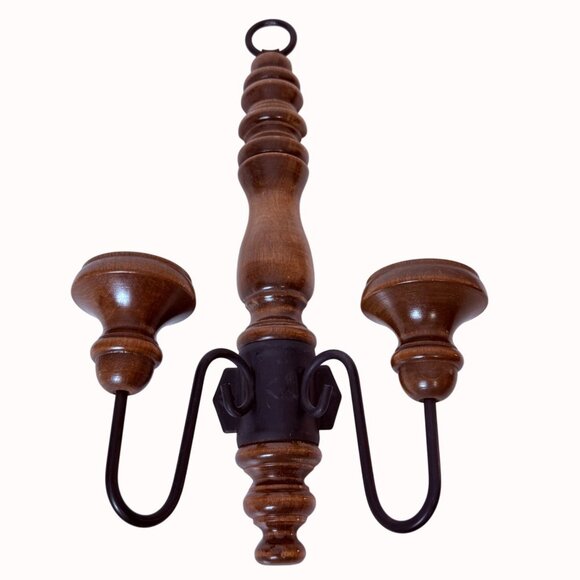 Wooden Double Arm Wall Candle Sconce VTG Turned Wood Wrought Iron Taper Holder - Picture 4 of 16